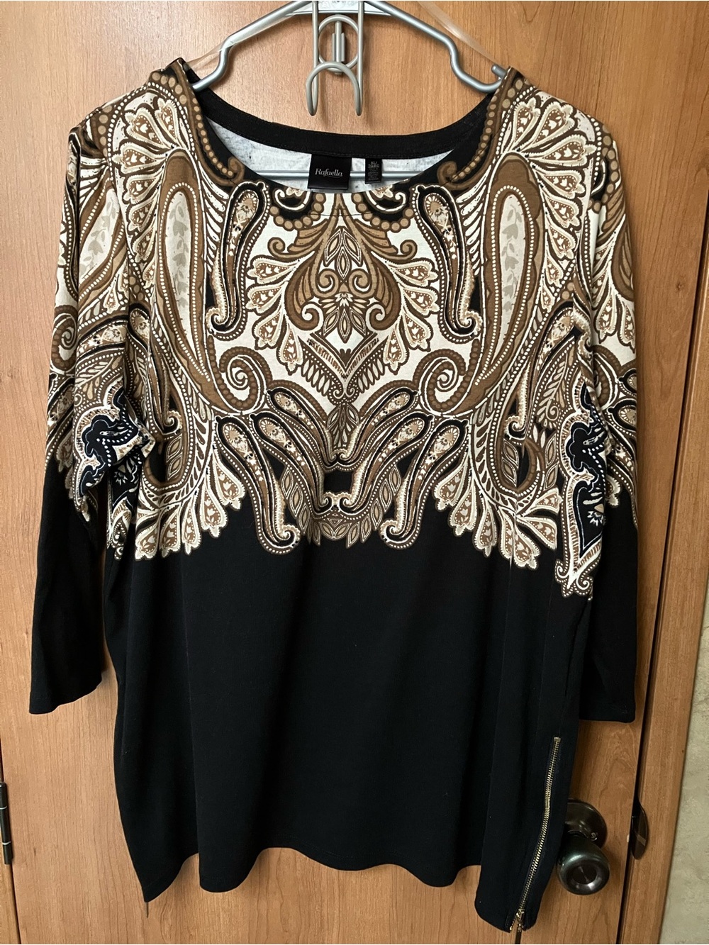 Rafaella Black, Tan & Cream Paisley Scoop Neck Tunic with Side Zippers Size XL